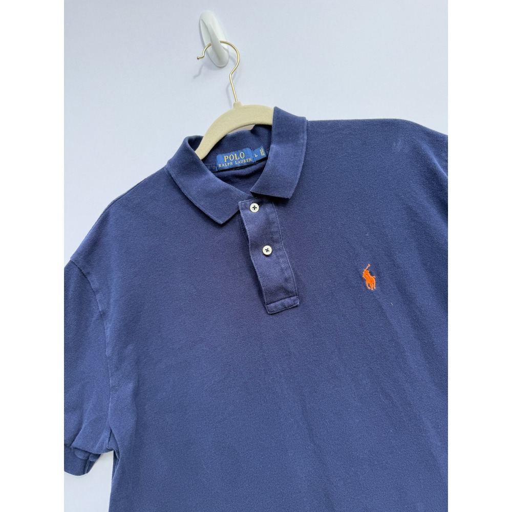 Polo Ralph Lauren Polo Shirt Mens L Blue Good Short Sleeve Orange Pony Pique